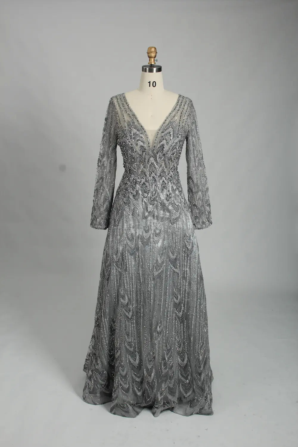 Charcoal Grey Beaded Long Sleeve V-Neck A-Line Mother of the Bride Dress MK125