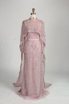 Blush Pink Beaded High Neck and Detachable Cape MOB Dress KY045