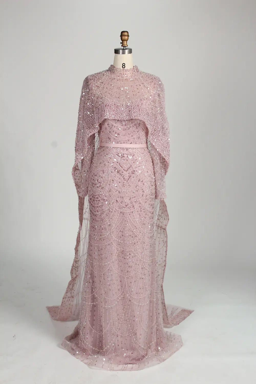 Blush Pink Beaded High Neck and Detachable Cape MOB Dress KY045