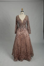 Charcoal Grey Beaded Long Sleeve V-Neck A-Line Mother of the Bride Dress MK125