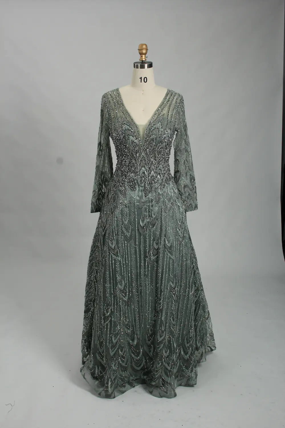 Charcoal Grey Beaded Long Sleeve V-Neck A-Line Mother of the Bride Dress MK125