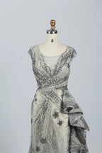 Beaded Fit-and-Flare Evening Dress with Short with Cap Sleeves MK063