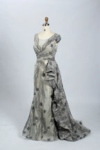 Beaded Fit-and-Flare Evening Dress with Short with Cap Sleeves MK063