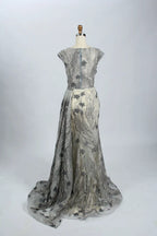 Beaded Fit-and-Flare Evening Dress with Short with Cap Sleeves MK063