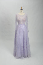 Iridescent illusion long-sleeve A-line mother of the bride dress, V-neck, lavender sequins.