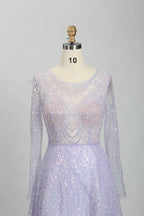 Lavender illusion long-sleeve A-line mother of the bride dress with V-neck beaded detail.