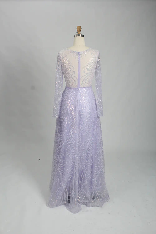Lavender illusion long-sleeve A-line mother of the bride dress, sheer sleeves, back view.