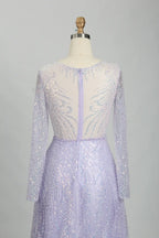 Lavender illusion long-sleeve A-line mother of the bride dress, beaded back with vertical seams.