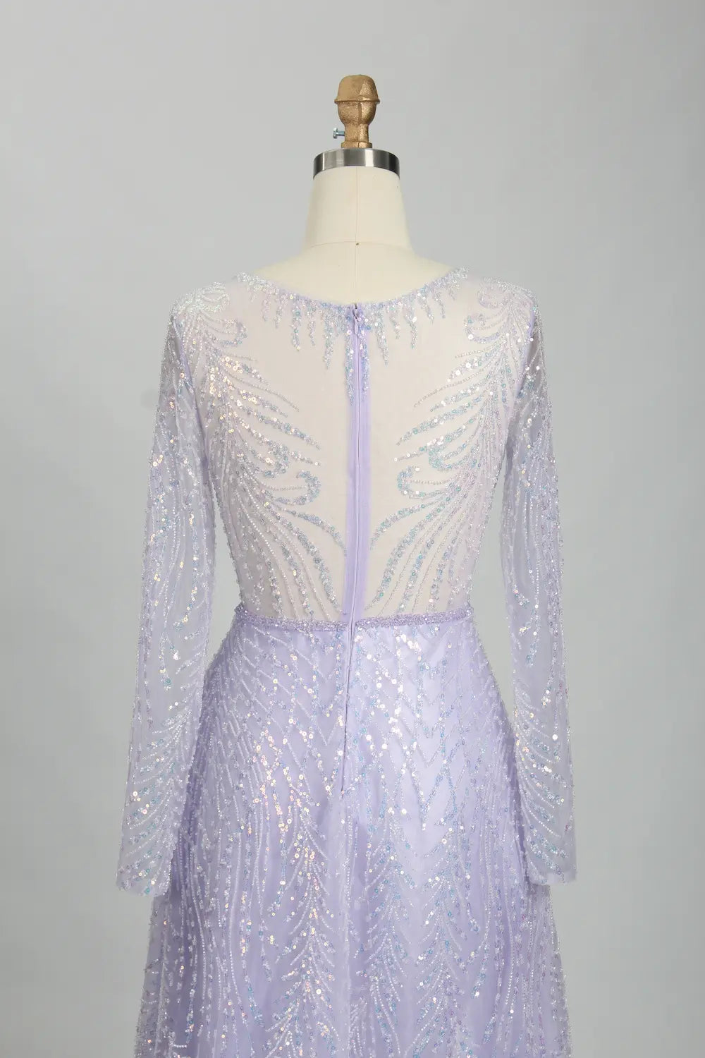 Lavender illusion long-sleeve A-line mother of the bride dress, beaded back with vertical seams.