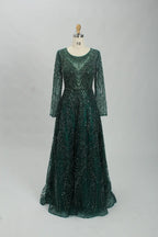 Dark green glitter illusion long-sleeve A-line mother of the bride dress, V-neck beading.