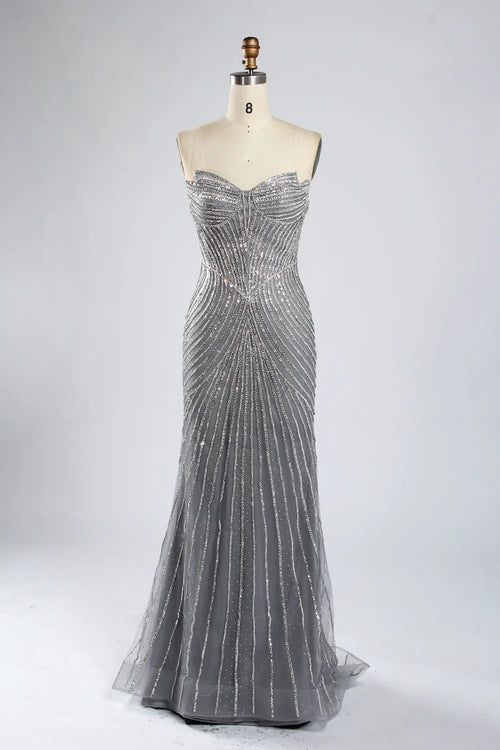 Silver-gray beaded strapless evening gown with cape sleeves, fitted column silhouette