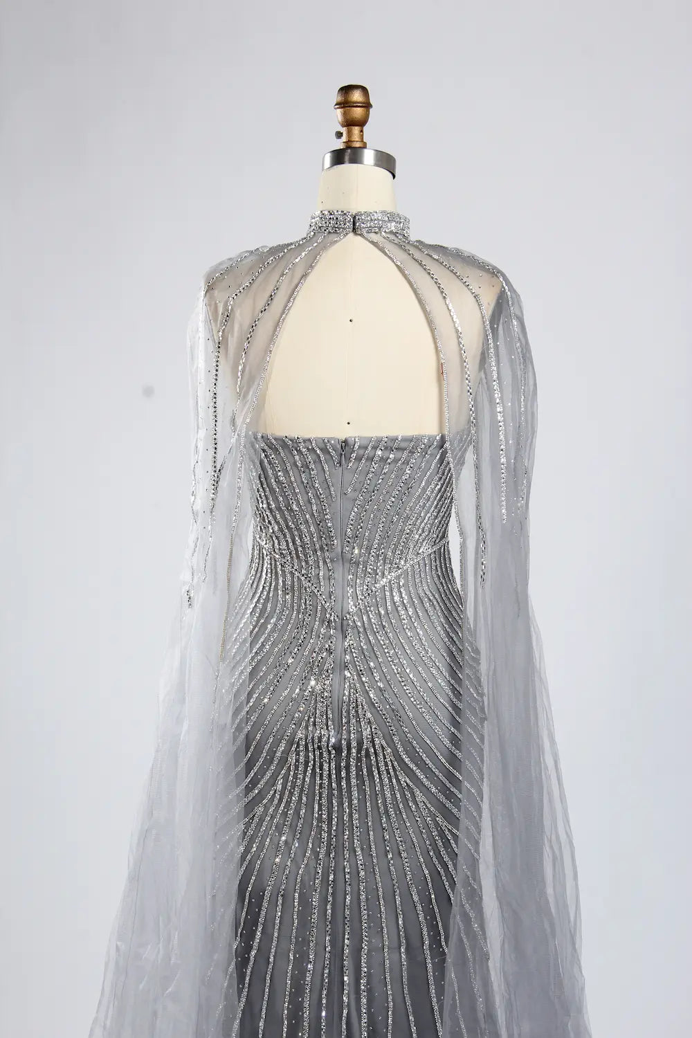 Classic Silver Grey Beaded Cape Sleeves Mother of the Bride Dress KY052