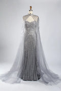 Classic Silver Grey Beaded Cape Sleeves Mother of the Bride Dress KY052