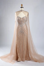 Classic Silver Grey Beaded Cape Sleeves Mother of the Bride Dress KY052