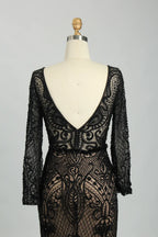 Beaded V-Neck Long Sleeve Black Mother of the Bride Dress MC107