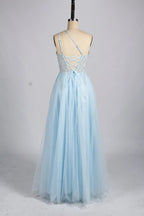 Light Blue One-Shoulder Sequin A-Line Evening Dress KY039