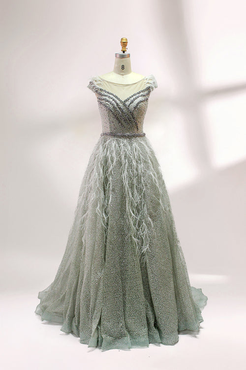 Silver sage glitter tulle mother dress with feathered neckline and full skirt