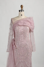 Long Sleeve Beaded Sheath Mother of the Bride Dress with Draped Shoulder Sash KY044
