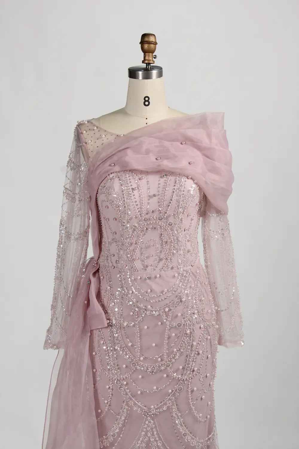 Long Sleeve Beaded Sheath Mother of the Bride Dress with Draped Shoulder Sash KY044