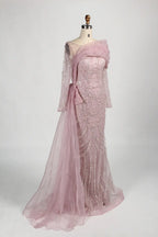 Long Sleeve Beaded Sheath Mother of the Bride Dress with Draped Shoulder Sash KY044