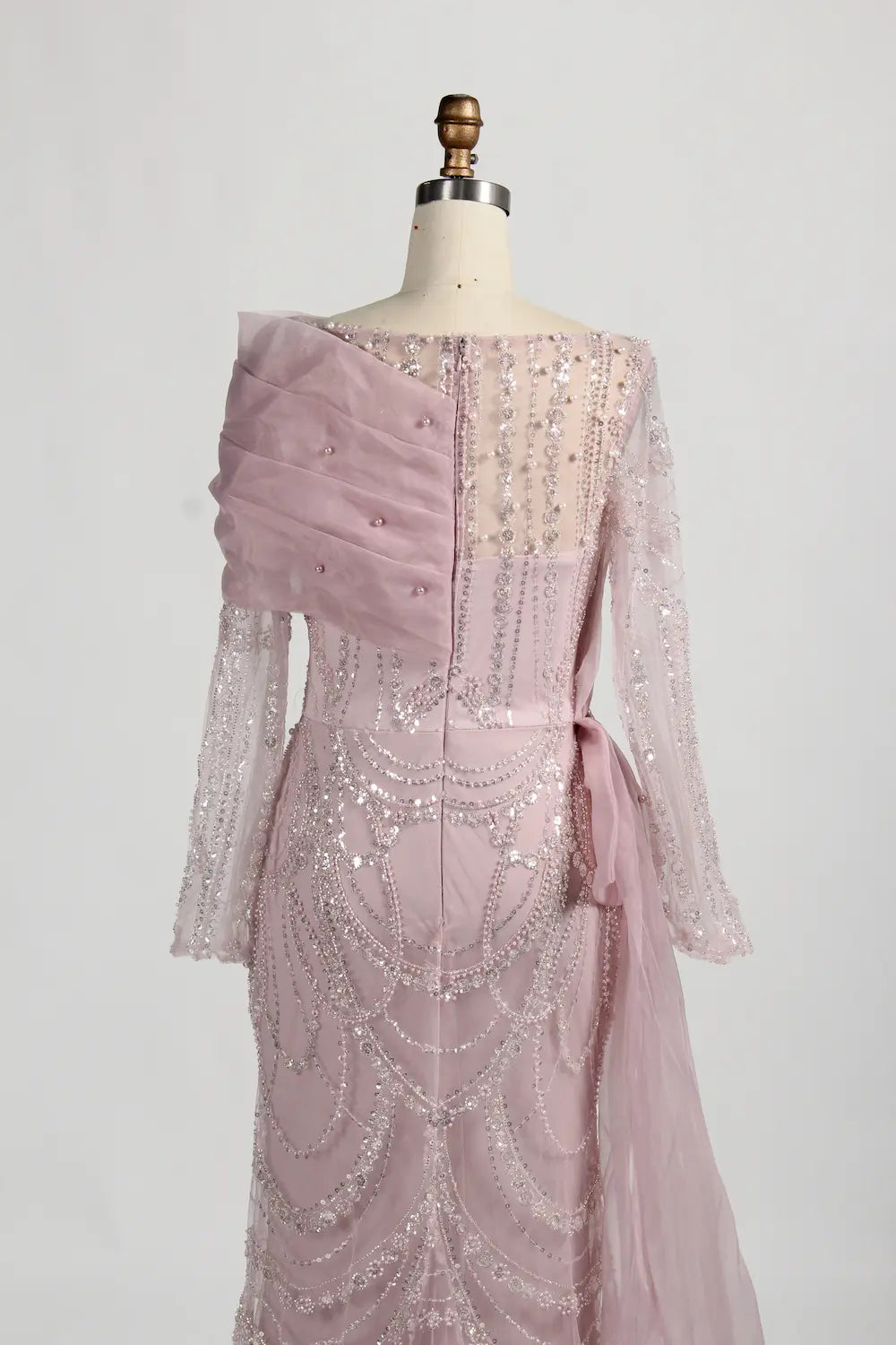 Long Sleeve Beaded Sheath Mother of the Bride Dress with Draped Shoulder Sash KY044