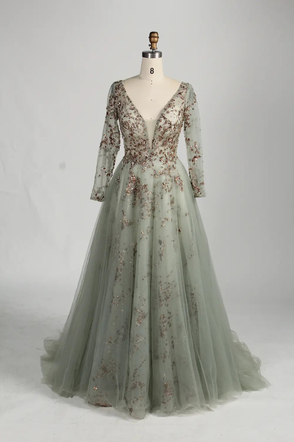 Sage Green V-Neck Long Sleeves A-Line Mother of the Bride Dress MC158