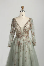 Sage Green V-Neck Long Sleeves A-Line Mother of the Bride Dress MC158