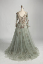 Sage Green V-Neck Long Sleeves A-Line Mother of the Bride Dress MC158