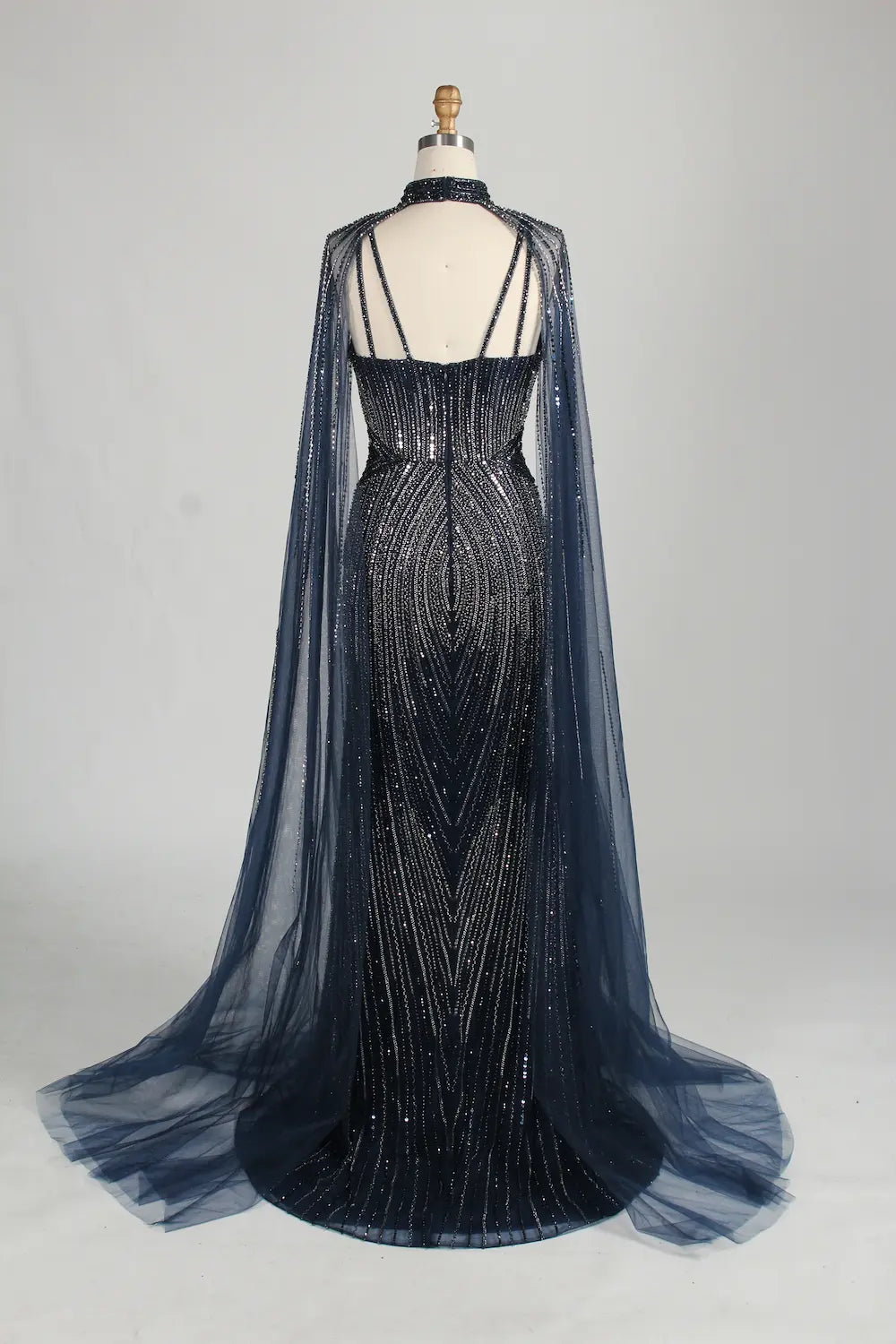 Navy Blue Sequin Sheer Cape Mermaid Mother of the Bride Dress MC157