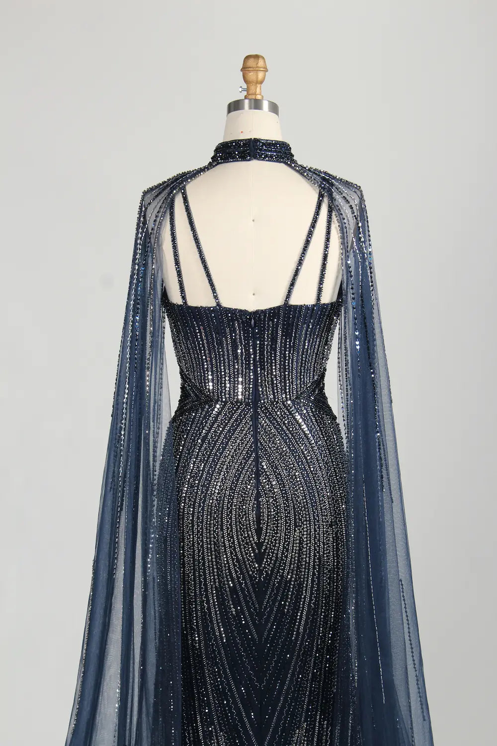 Navy Blue Sequin Sheer Cape Mermaid Mother of the Bride Dress MC157