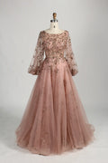Blush Pink Sequin A-Line Long Bishop Sleeves Mother of the Bride Dress MC156