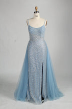 Blue Sequin Mermaid Slit Side Overskirt Evening Dress MC140