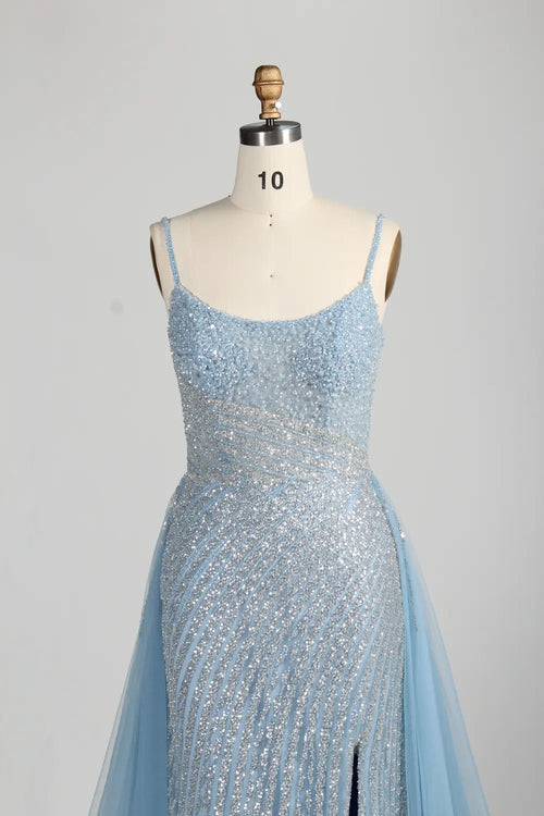 Blue sequin mermaid evening dress with scoop neckline, fitted bodice, side slit