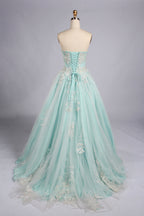 Mint strapless corset prom dress, backless glitter tulle A-line skirt with appliques