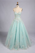 Mint strapless corset prom dress with glitter tulle A-line skirt and appliques