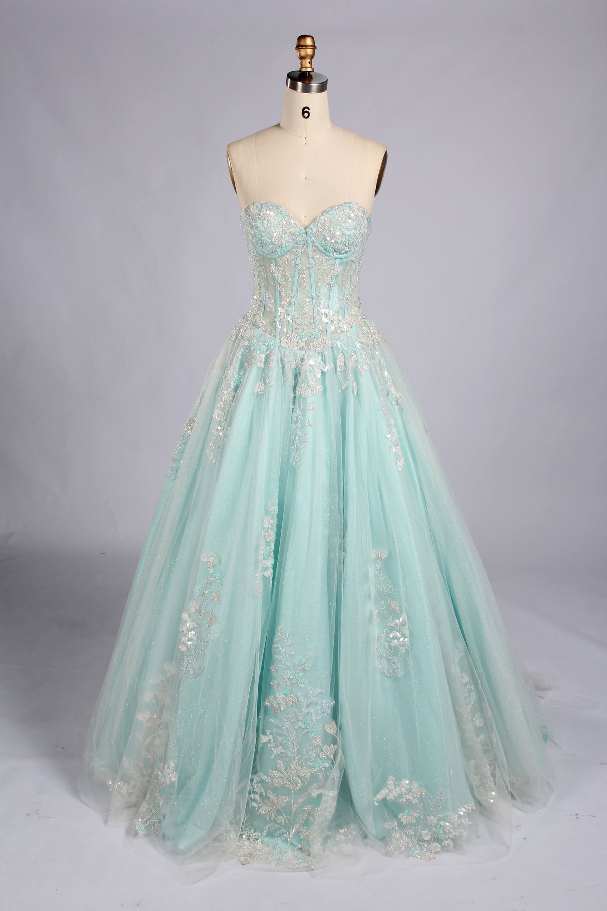 Mint strapless corset prom dress with glitter tulle A-line skirt and appliques