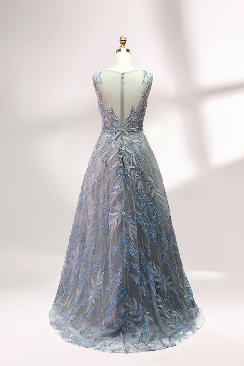 Light blue sheer mother dress with fitted waist and ornate beaded floral skirt pattern