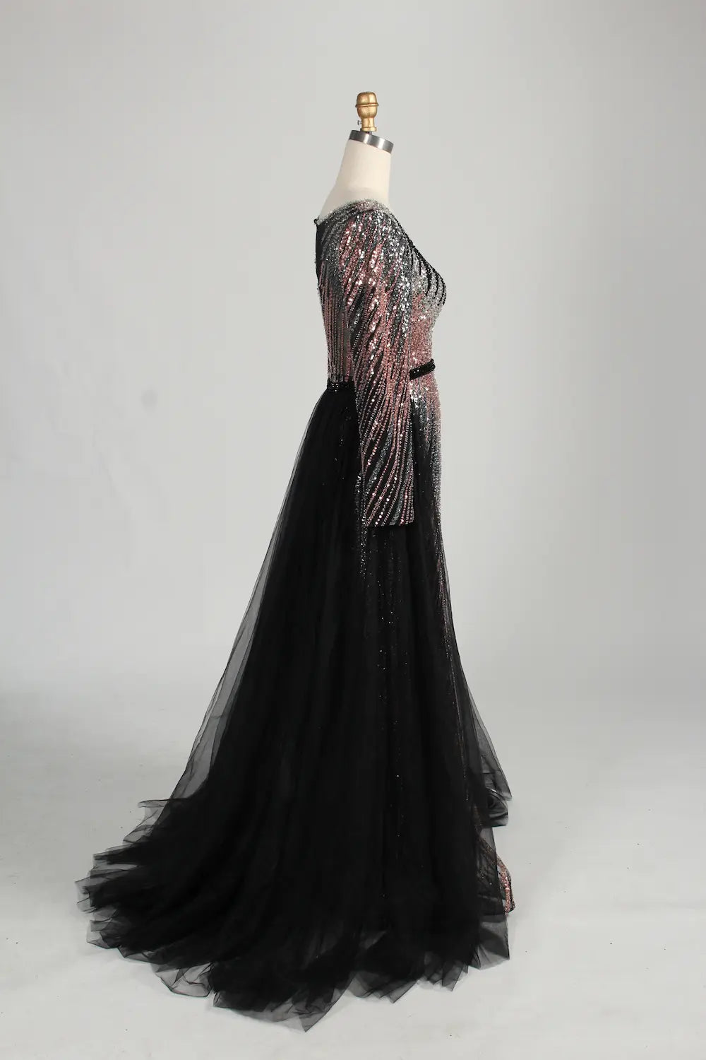 Black Long Sleeve Sequined Mermaid Overskirt Mother of the Bride Dress MC142