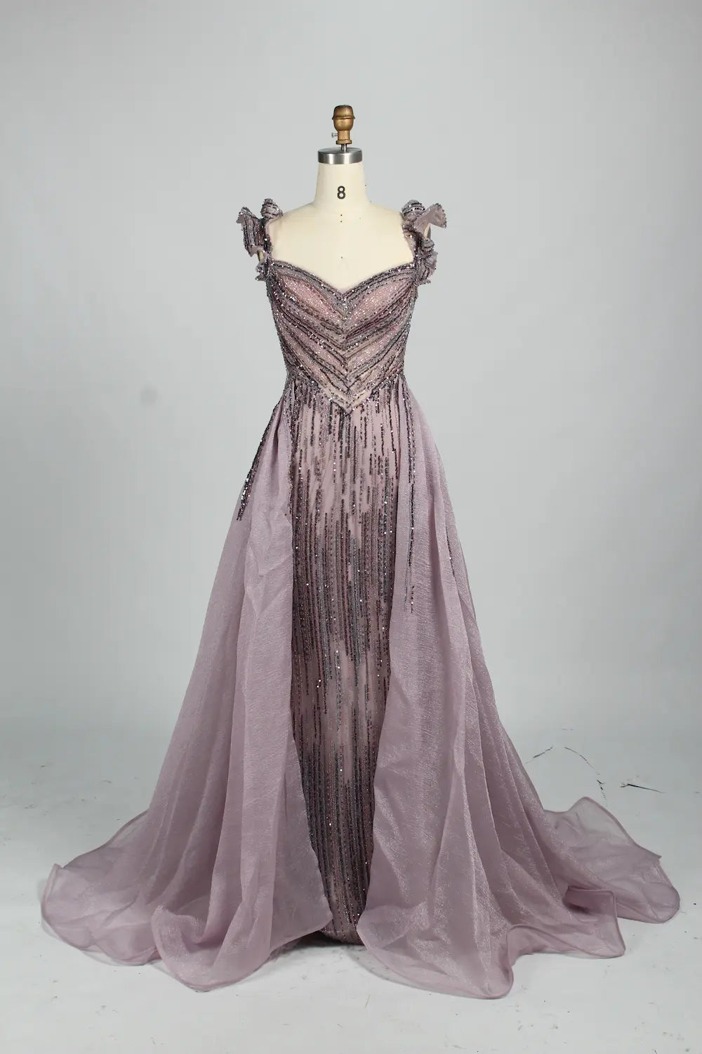 Beaded Sage Green Off the Shoulder Evening Dress with Overskirt MK152