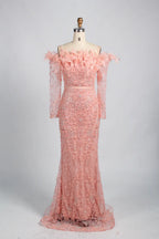 Sophisticated Off-the-Shoulder Beaded Mother of the Bride Dress with Feather Trim KY037