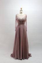 A-line illusion evening dress with high neckline and beaded lace bodice