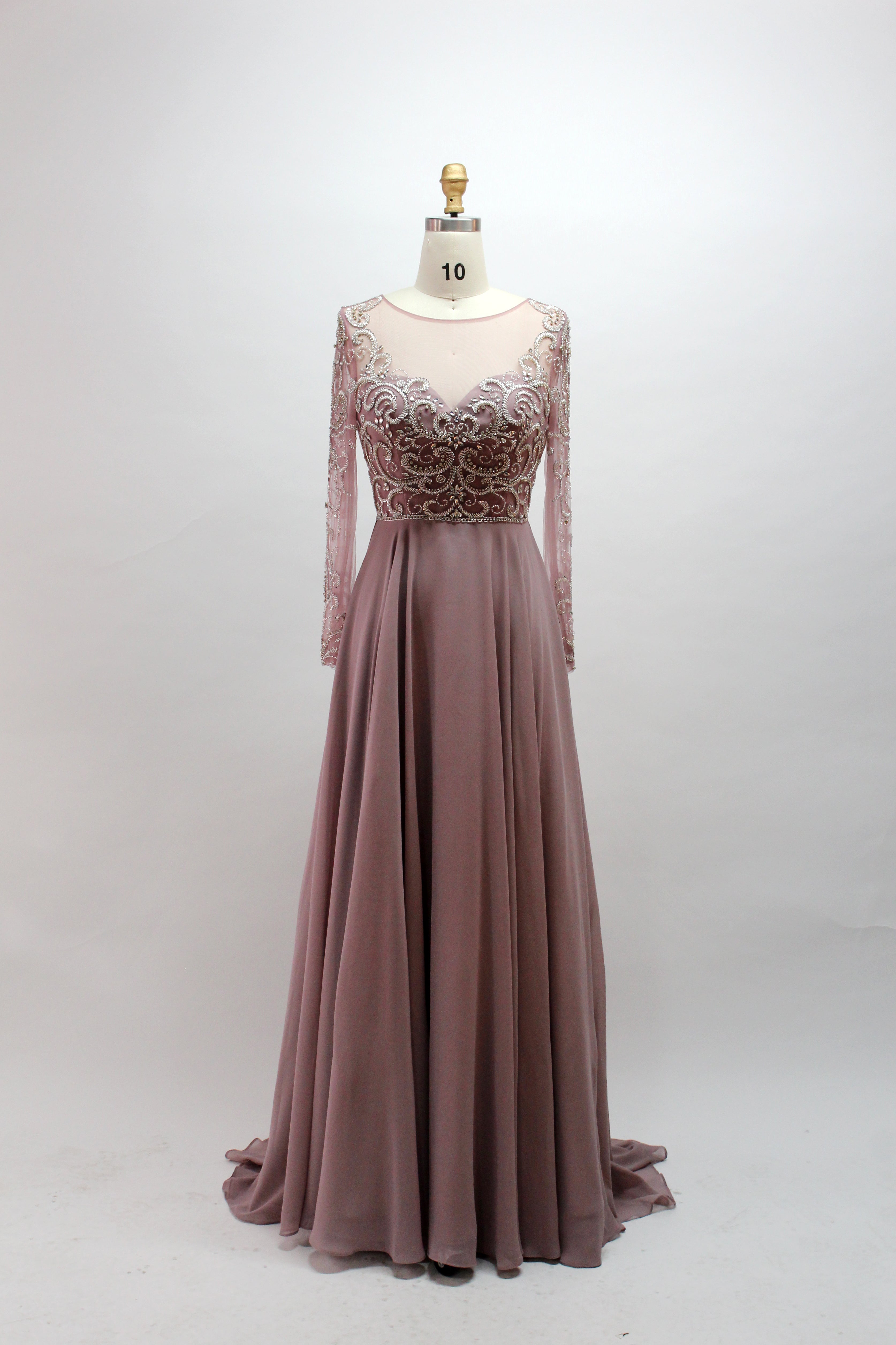 A-line illusion evening dress with high neckline and beaded lace bodice