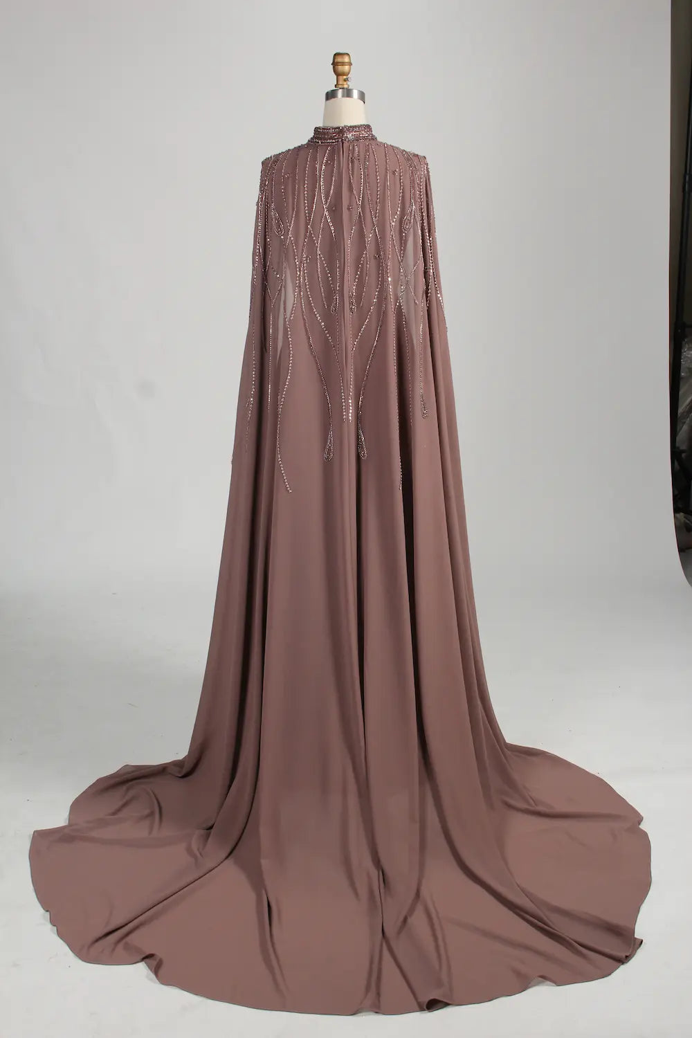 High-Neck Beaded A-Line Cape Sleeves Mother of the Bride Dress MC154