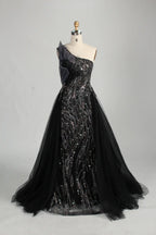 Black One Shoulder Beaded Mermaid Tulle Overskirt Mother of the Bride Dress MC143