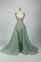 Beaded Sage Green Off the Shoulder Evening Dress with Overskirt MK152