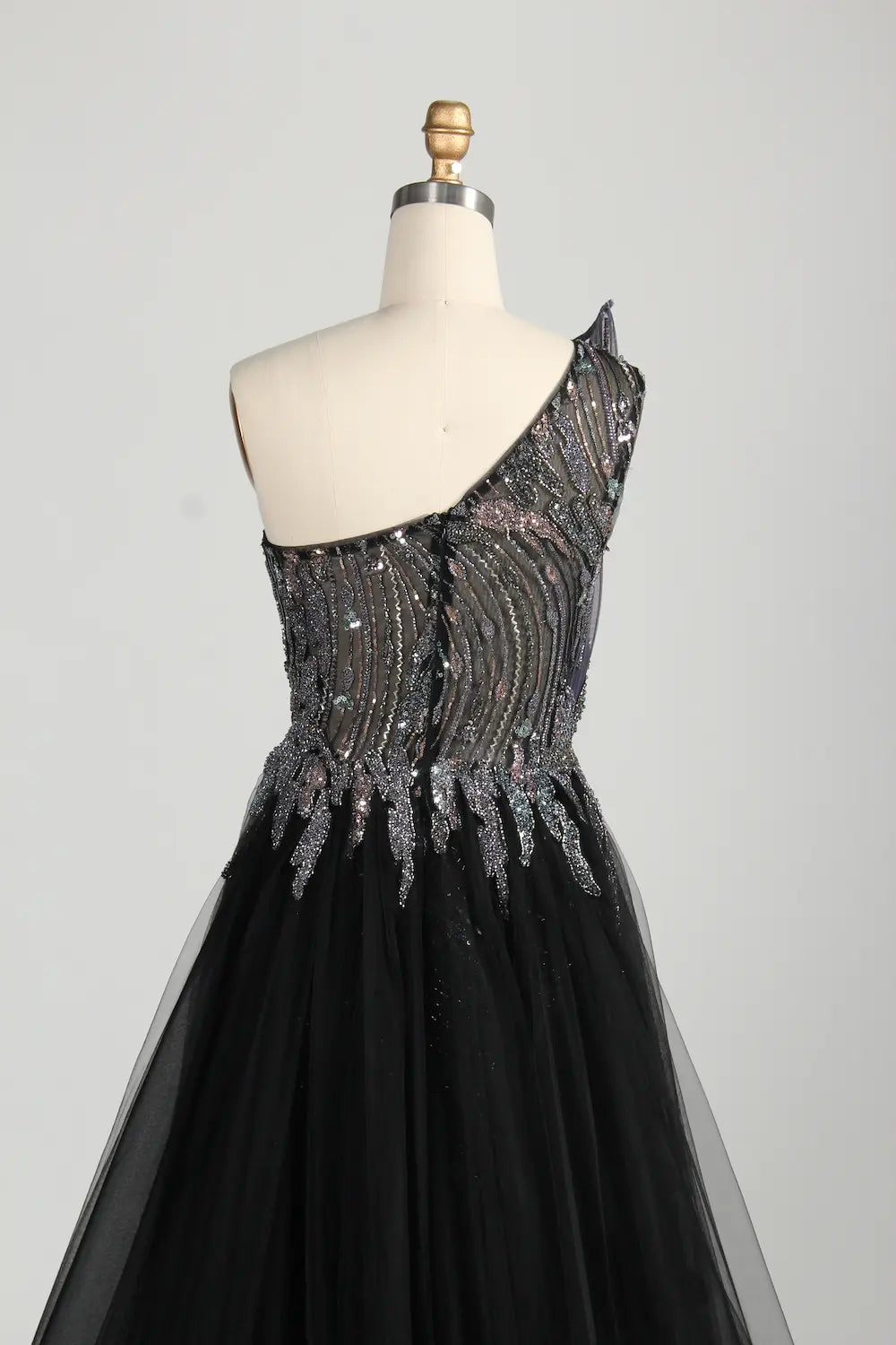 Black One Shoulder Beaded Mermaid Tulle Overskirt Mother of the Bride Dress MC143