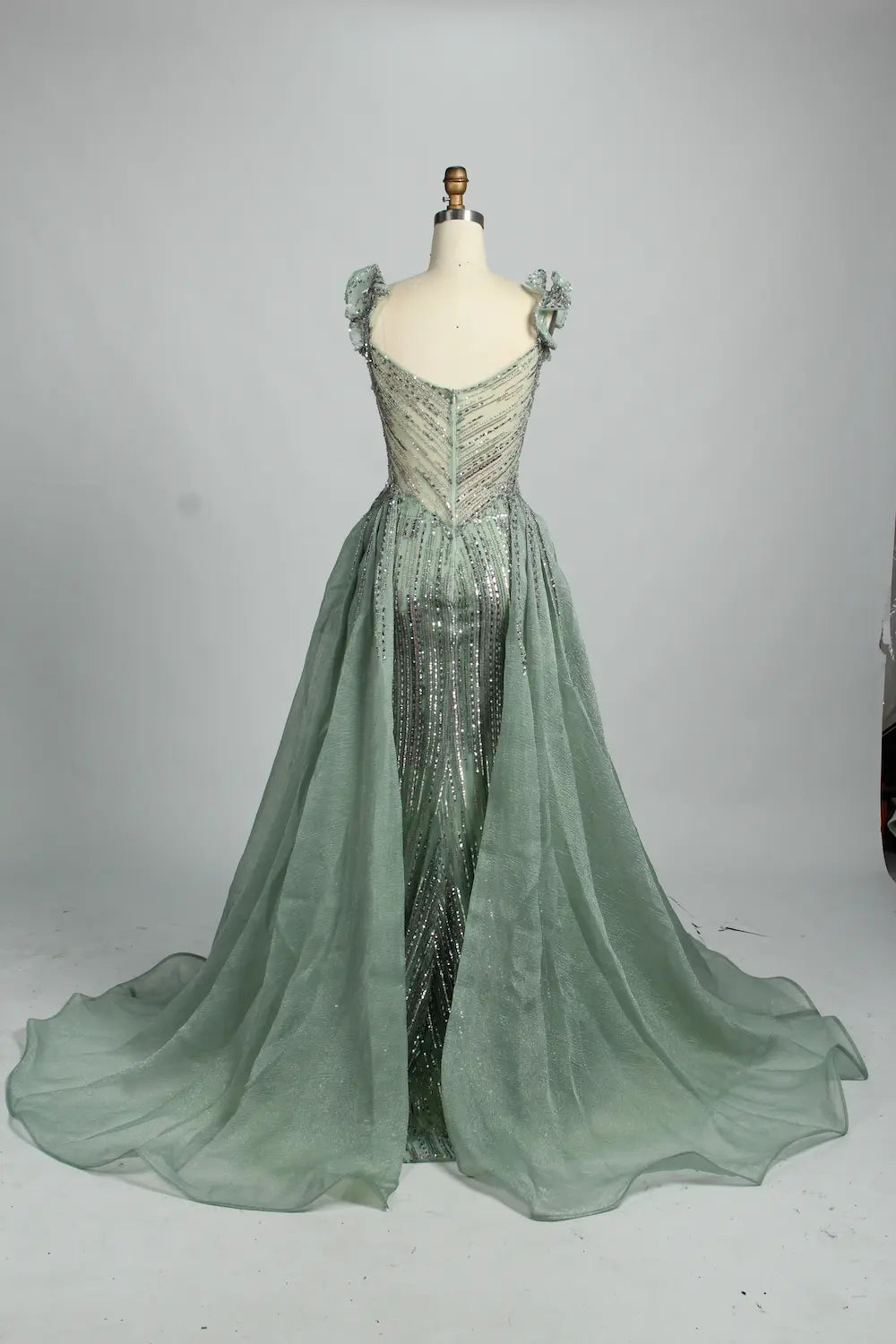 Beaded Sage Green Off the Shoulder Evening Dress with Overskirt MK152