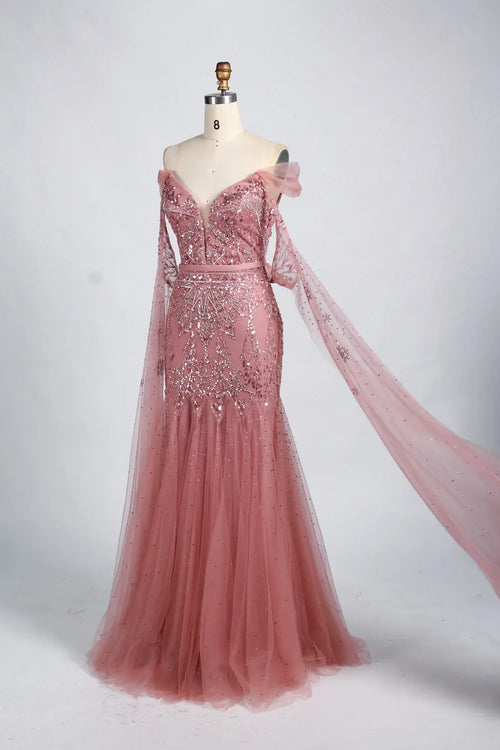 Beaded mermaid mother-of-the-bride dress, dusty pink, draped sleeves, sweetheart neckline
