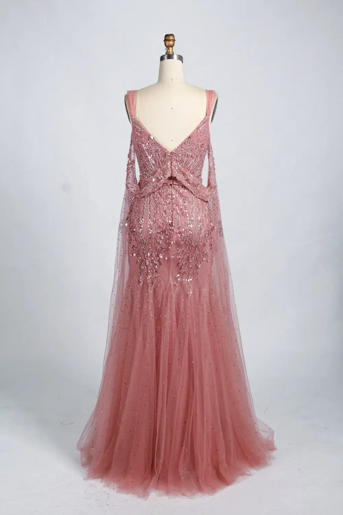 Beaded mermaid mother-of-the-bride dress, dusty pink, V-neck with thin straps