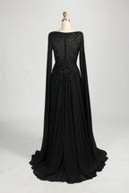 Black Beaded V-Neck A-Line Long Cape Sleeves Mother of the Bride Dress MC155